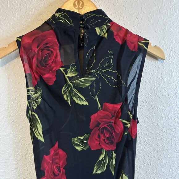 Vtg CACHE Dress Black Sheer Mesh Maxi 4 Rose Flowers 90's Goth Homecoming Y2K - Picture 6 of 7